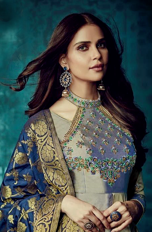 Blue & Gray Designer Embroidered Readymade Taffeta Silk Anarkali Suit-Saira's Boutique