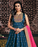 Blue & Pink Designer Jacquard Silk Party Wear Anarkali Gown-Saira's Boutique