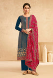 Blue & Raspberry Red Pink Designer Embroidered Pant Suit-Saira's Boutique