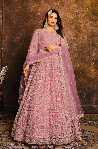 Mustard Designer Embroidered Net Wedding Anarkali Suit