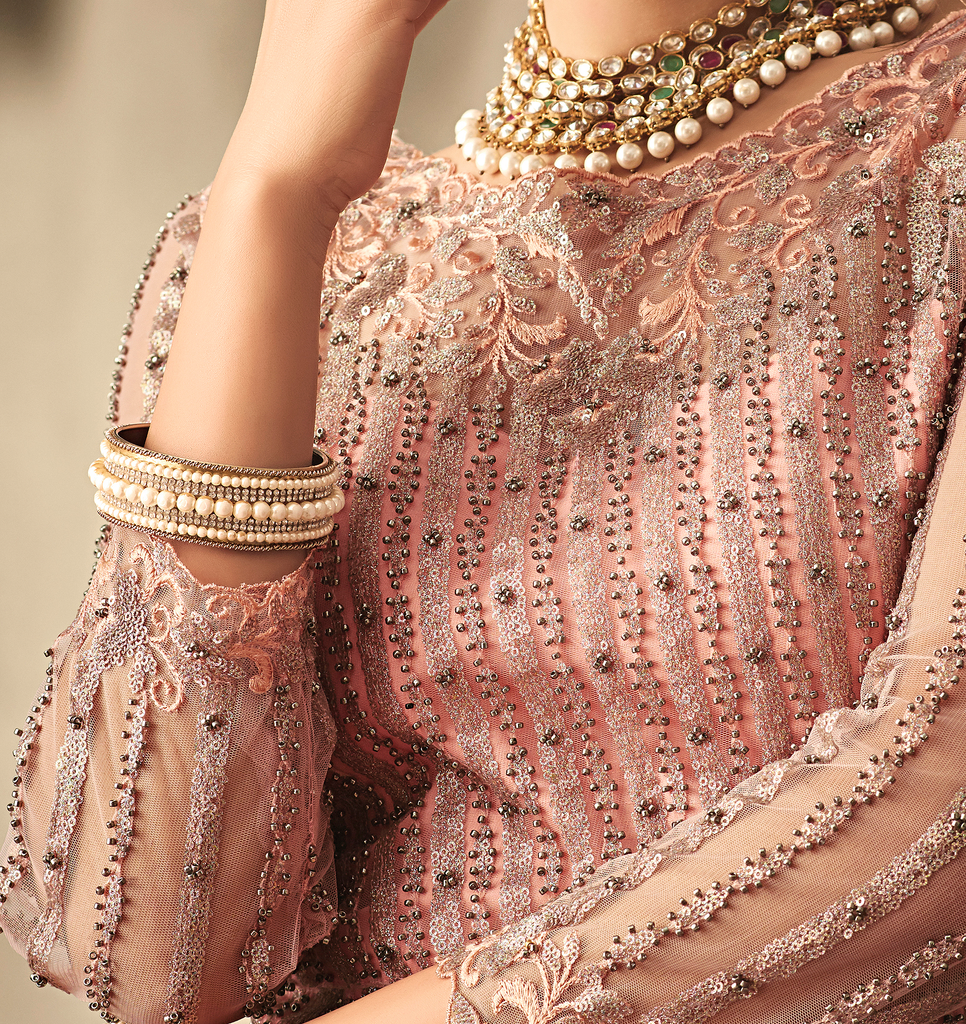 Blush Pink Designer Heavy Embroidered Net Wedding Anarkali Gown-Saira's Boutique
