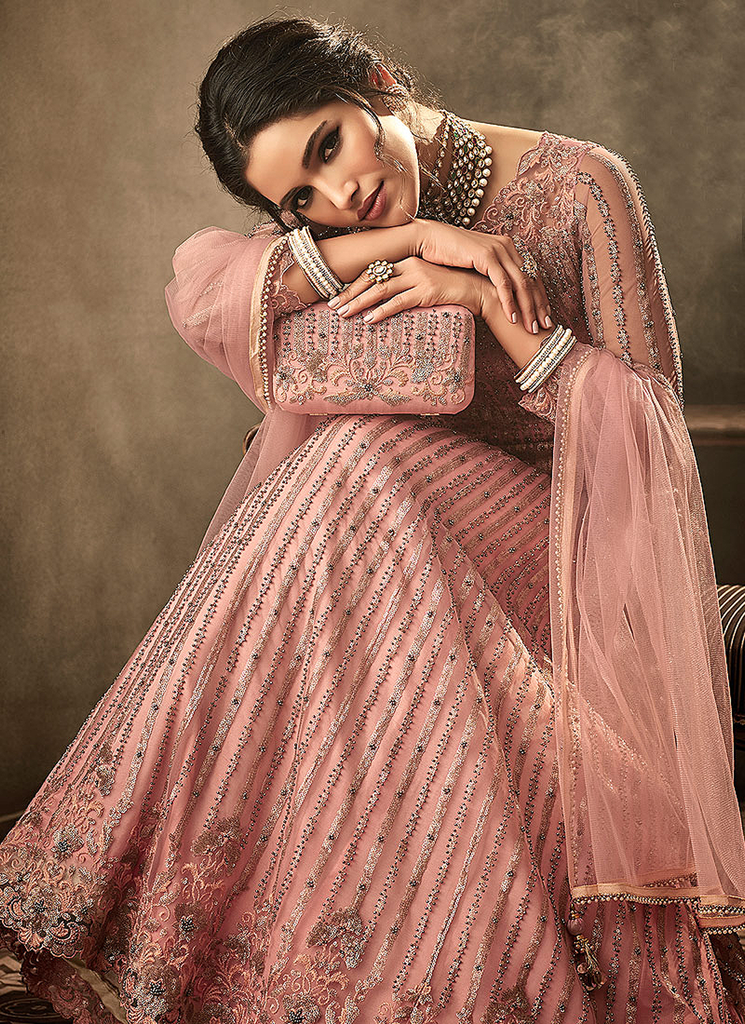 Blush Pink Designer Heavy Embroidered Net Wedding Anarkali Gown-Saira's Boutique