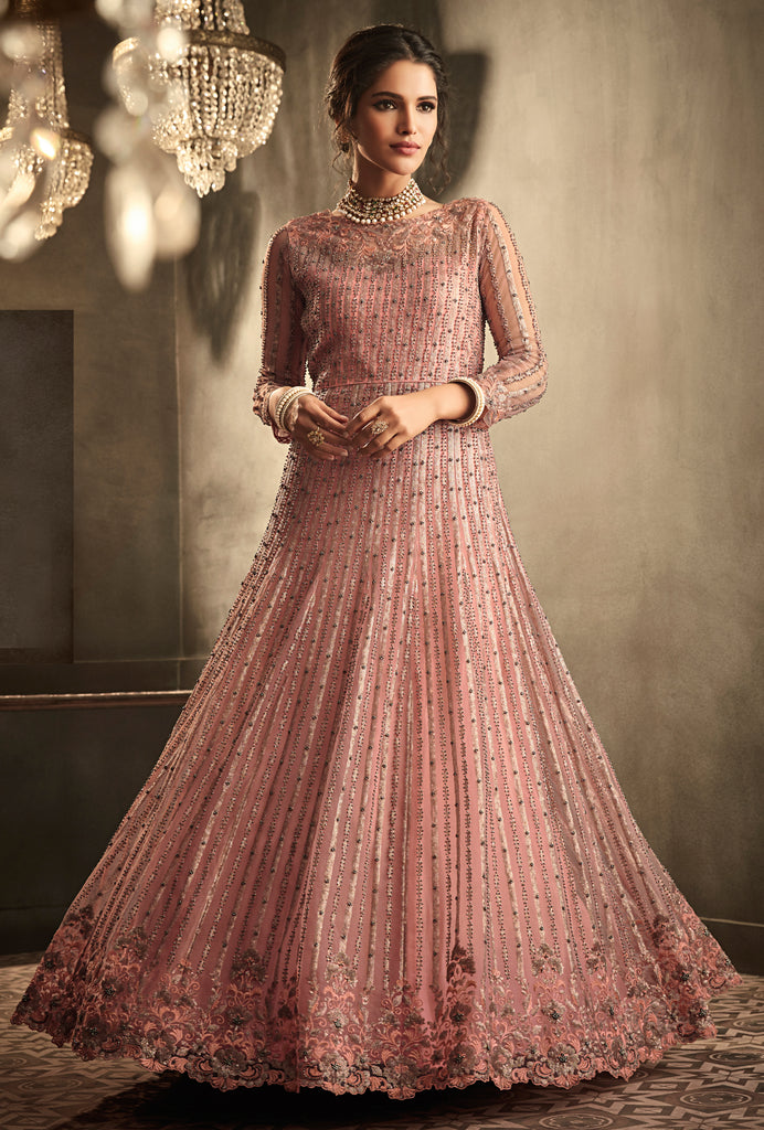 Blush Pink Designer Heavy Embroidered Net Wedding Anarkali Gown-Saira's Boutique