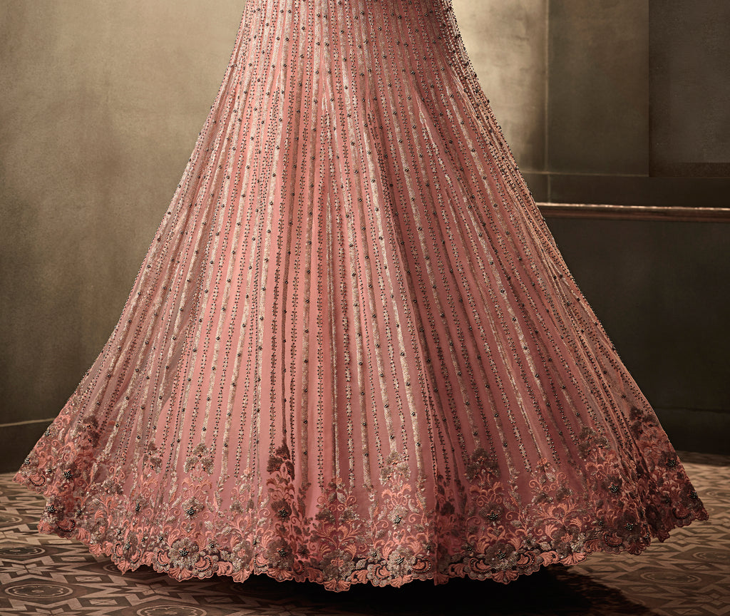 Blush Pink Designer Heavy Embroidered Net Wedding Anarkali Gown-Saira's Boutique