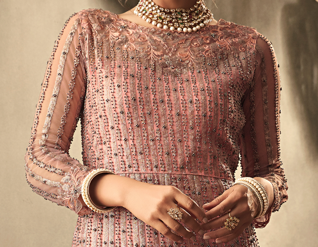 Blush Pink Designer Heavy Embroidered Net Wedding Anarkali Gown-Saira's Boutique