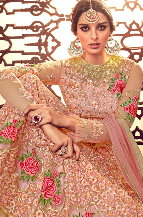 Blush Pink Designer Heavy Embroidered Net Wedding & Bridal Anarkali Suit-Saira's Boutique