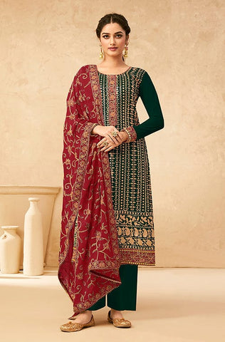 Gray & Coral Pink Designer Heavy Embroidered Georgette Sharara Suit