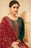Bottle Green & Ruby Red Designer Embroidered Pant Suit-Saira's Boutique