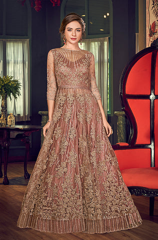 Rose Pink Designer Heavy Embroidered Bridal Anarkali Gown