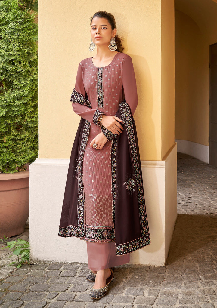Brandy Rose & Mahogany Brown Designer Embroidered Party Wear Pant Suit-Saira's Boutique