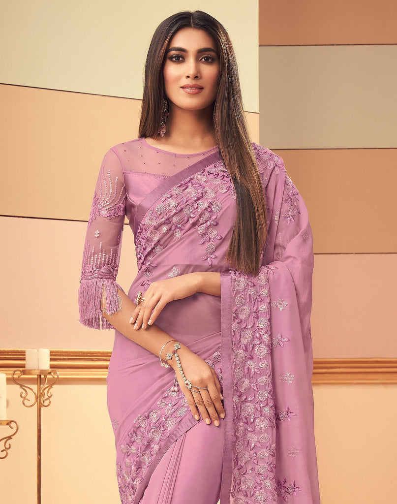 Bright Mauve Rose Designer Embroidered Silk Party Wear Saree-Saira's Boutique