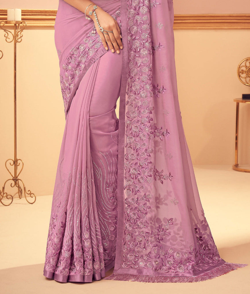 Bright Mauve Rose Designer Embroidered Silk Party Wear Saree-Saira's Boutique