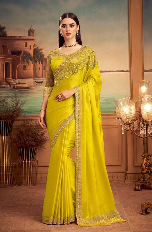 Bright Mustard Yellow Designer Embroidered Silk Party Wear Saree