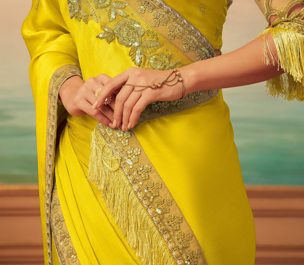 Bright Mustard Yellow Designer Embroidered Silk Party Wear Saree-Saira's Boutique