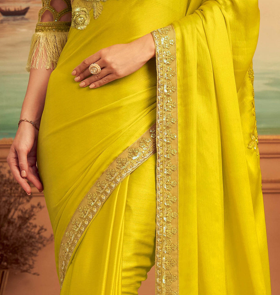 Bright Mustard Yellow Designer Embroidered Silk Party Wear Saree-Saira's Boutique