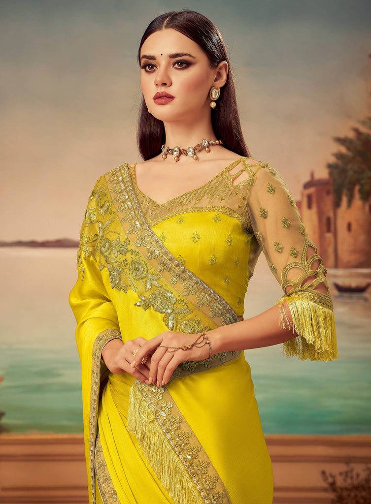 Buy Outstanding Embroidered Yellow Net Partywear Saree -Inddus.com