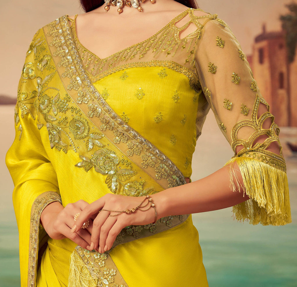 Bright Mustard Yellow Designer Embroidered Silk Party Wear Saree-Saira's Boutique