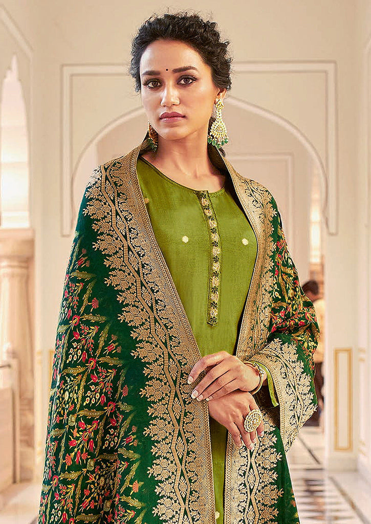 Bright Olive Green Designer Embroidered Jacquard Party Wear Pant Suit-Saira's Boutique