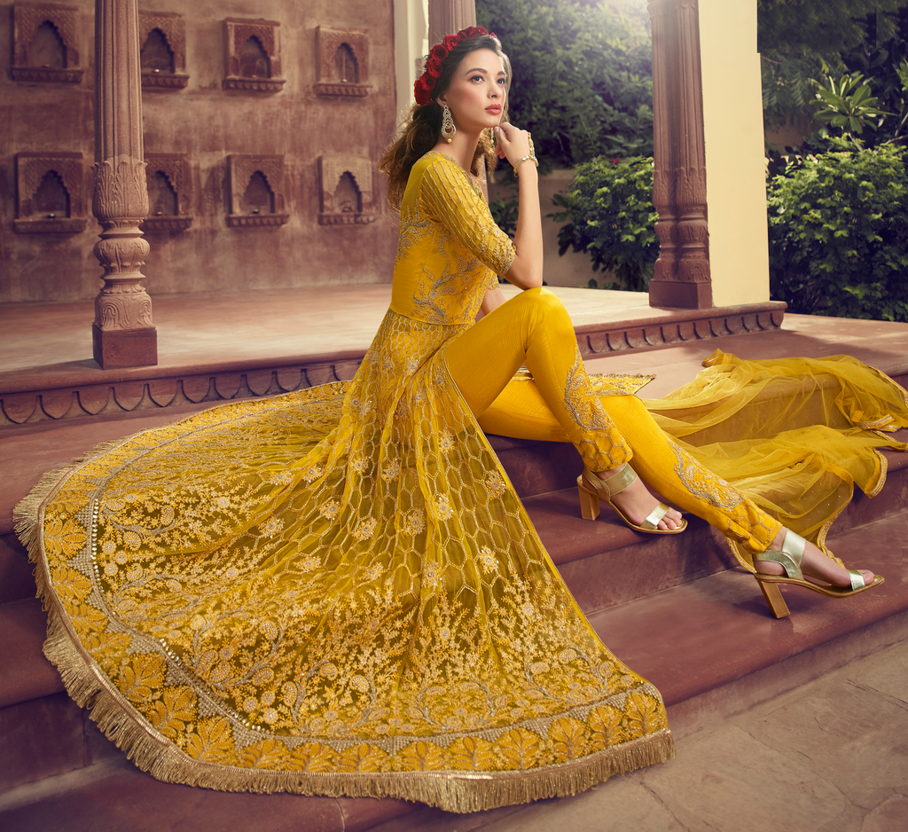 Bright Yellow Designer Embroidered Lehenga Style Net Anarkali Suit-Saira's Boutique