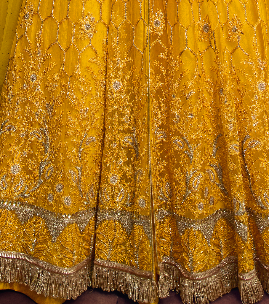 Bright Yellow Designer Embroidered Lehenga Style Net Anarkali Suit-Saira's Boutique