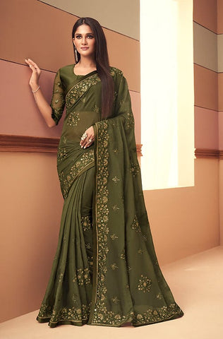 Multicolor & Sage Green Designer Embroidered Silk Party Wear Saree