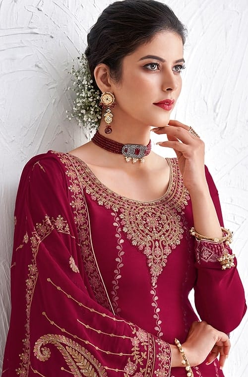 Burgundy Designer Embroidered Silk Party Wear Palazzo Suit-Saira's Boutique