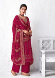 Burgundy Designer Embroidered Silk Party Wear Palazzo Suit-Saira's Boutique