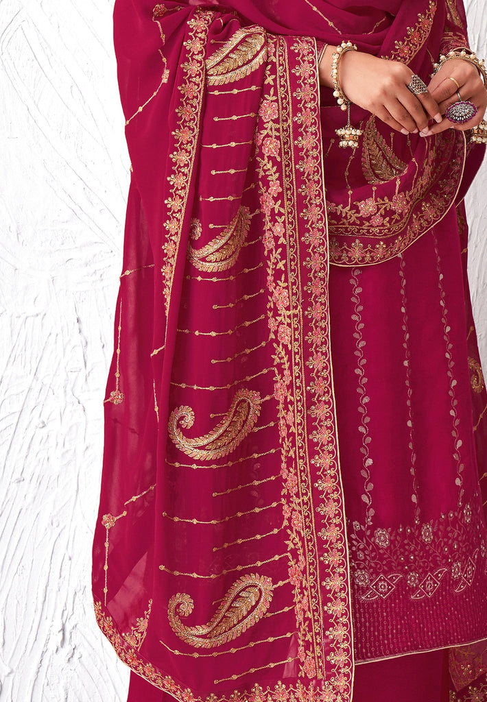 Burgundy Designer Embroidered Silk Party Wear Palazzo Suit-Saira's Boutique