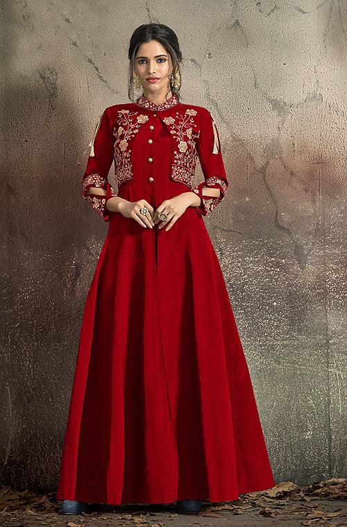 Burnt Red Designer Embroidered Taffeta Silk Party Wear Gown