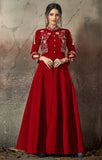 Burnt Red Designer Embroidered Taffeta Silk Party Wear Gown-Saira's Boutique