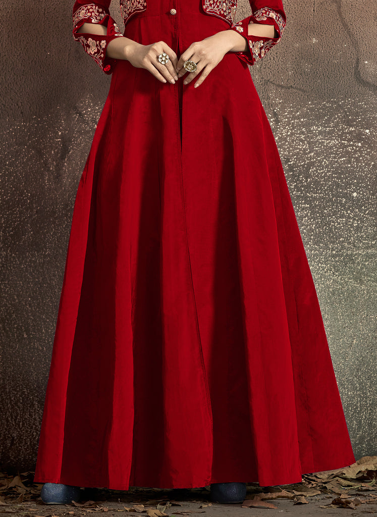 Burnt Red Designer Embroidered Taffeta Silk Party Wear Gown