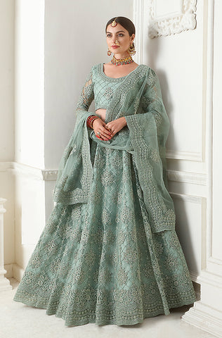 Dusty Khaki Designer Heavy Embroidered Silk Bridal Lehenga