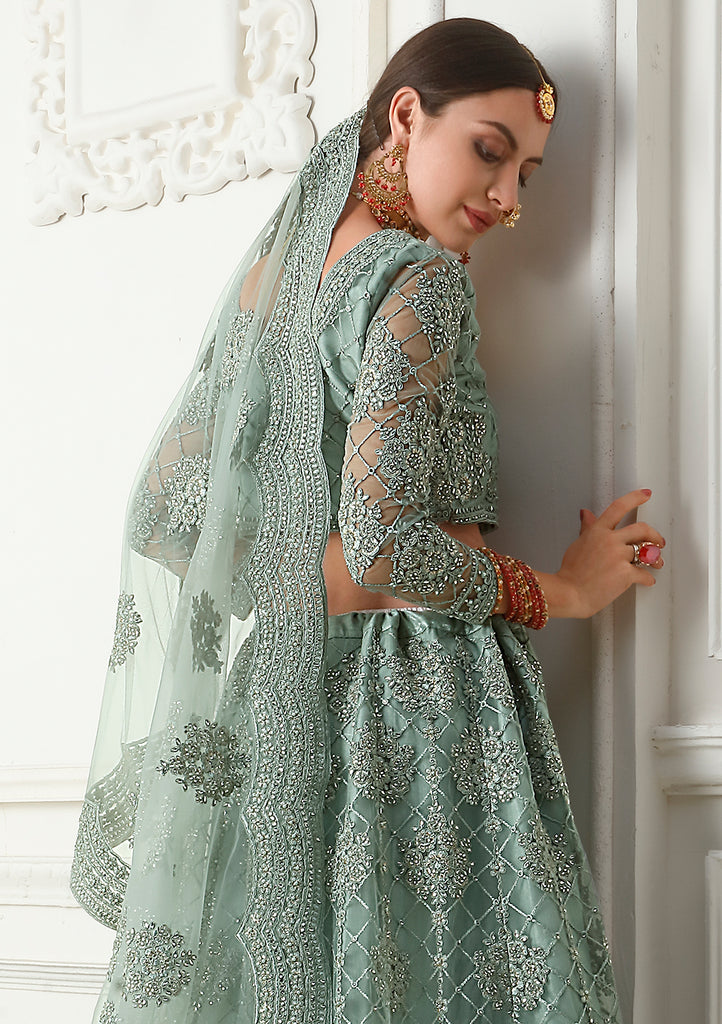 Cambridge Blue Designer Heavy Embroidered Bridal Lehenga-Saira's Boutique