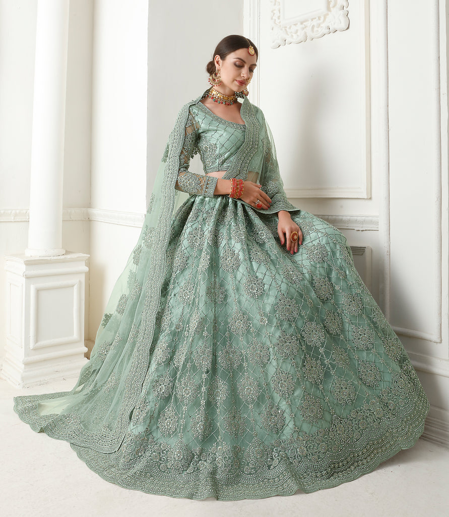 Cambridge Blue Designer Heavy Embroidered Bridal Lehenga-Saira's Boutique