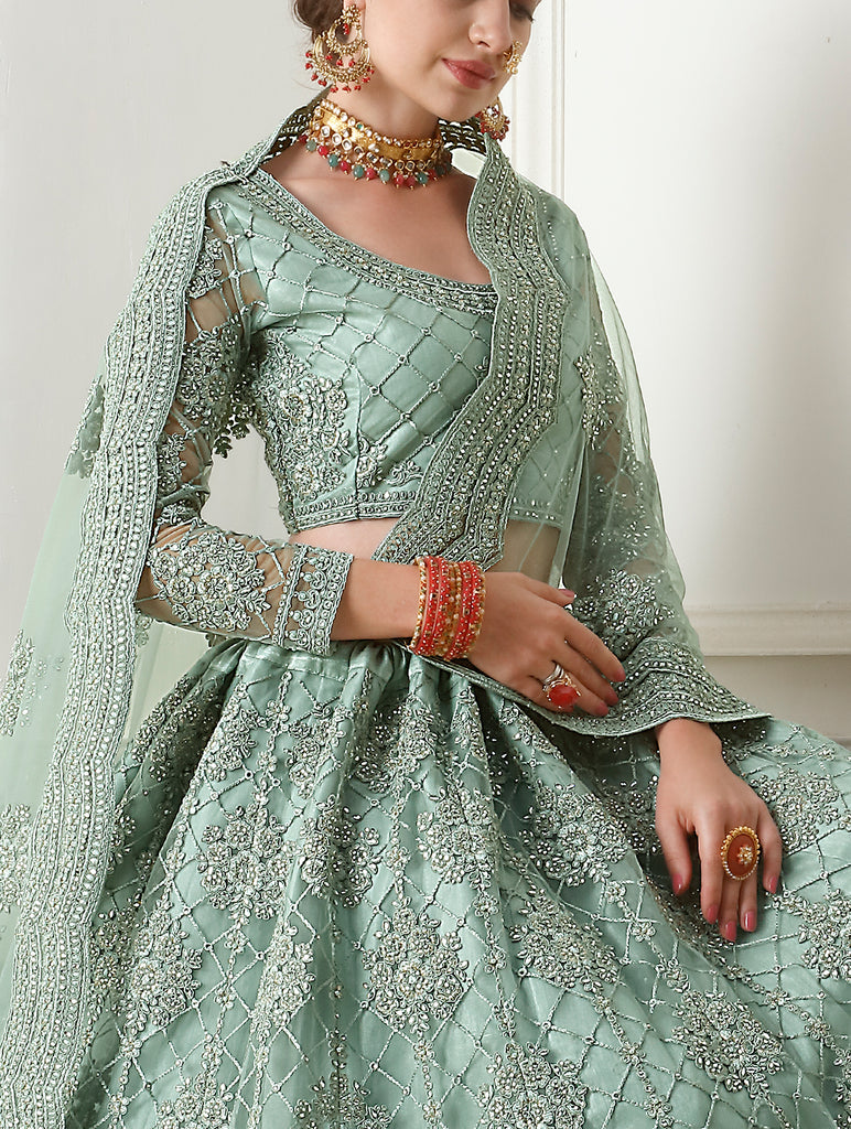 Cambridge Blue Designer Heavy Embroidered Bridal Lehenga-Saira's Boutique