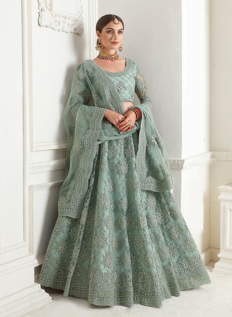 Cambridge Blue Designer Heavy Embroidered Bridal Lehenga-Saira's Boutique