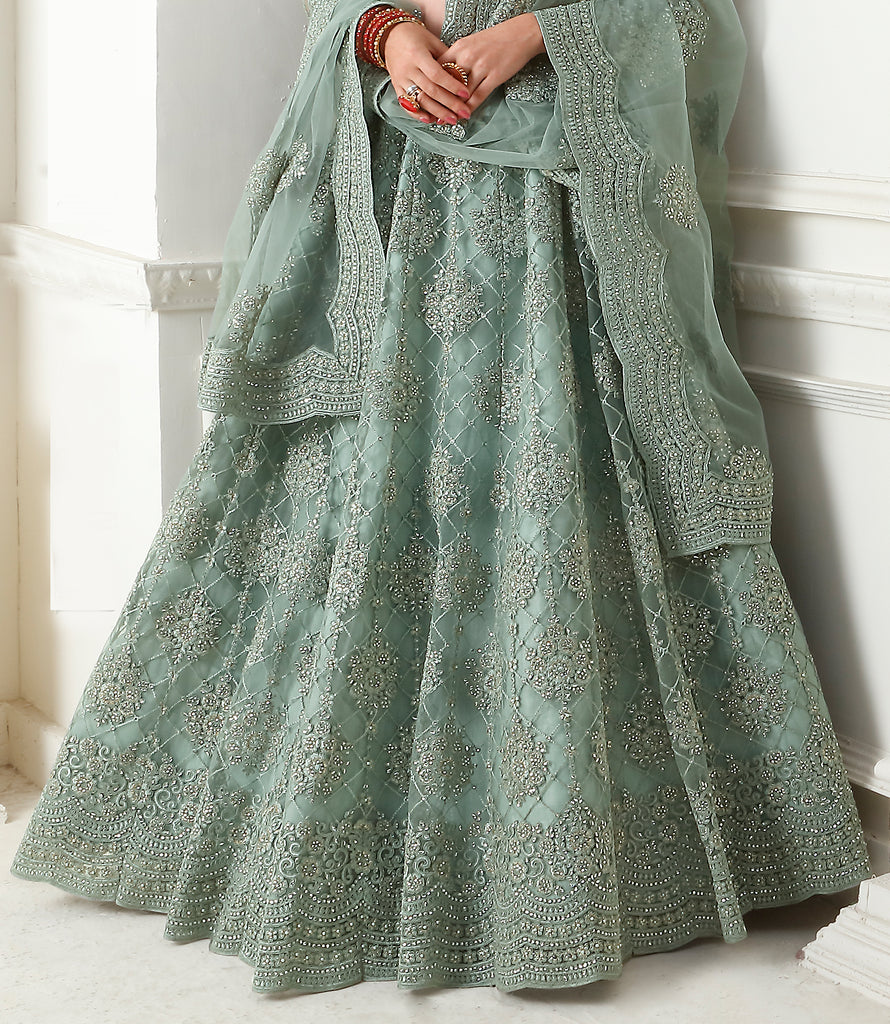 Cambridge Blue Designer Heavy Embroidered Bridal Lehenga-Saira's Boutique