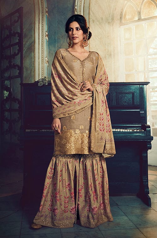 Camel Beige Designer Embroidered Silk Wedding Gharara Suit-Saira's Boutique