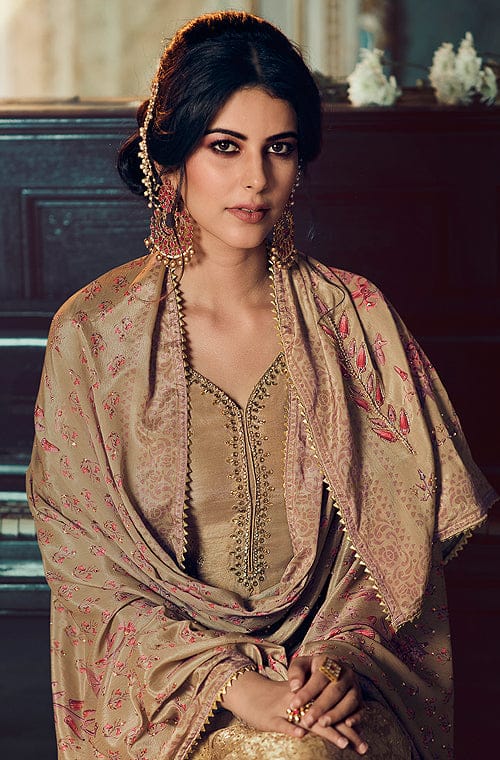 Camel Beige Designer Embroidered Silk Wedding Gharara Suit-Saira's Boutique