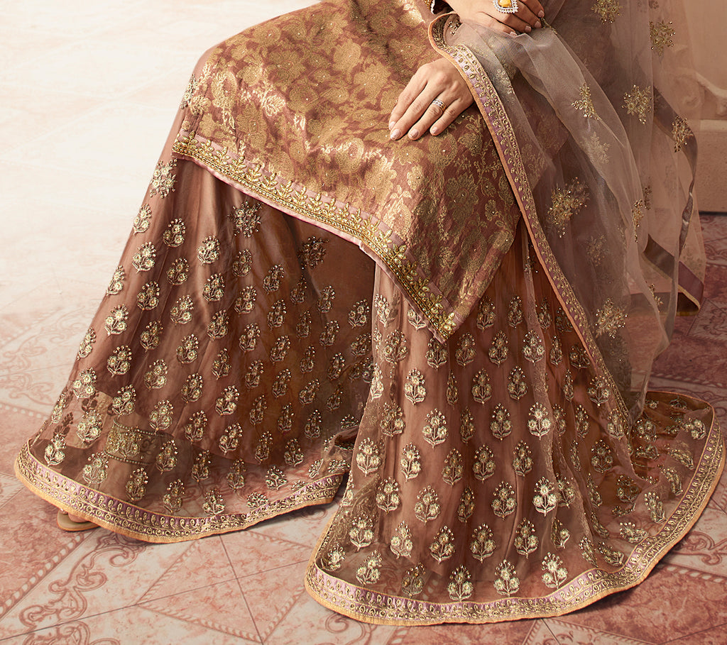 Camel Brown Designer Embroidered Jacquard Sharara Suit-Saira's Boutique