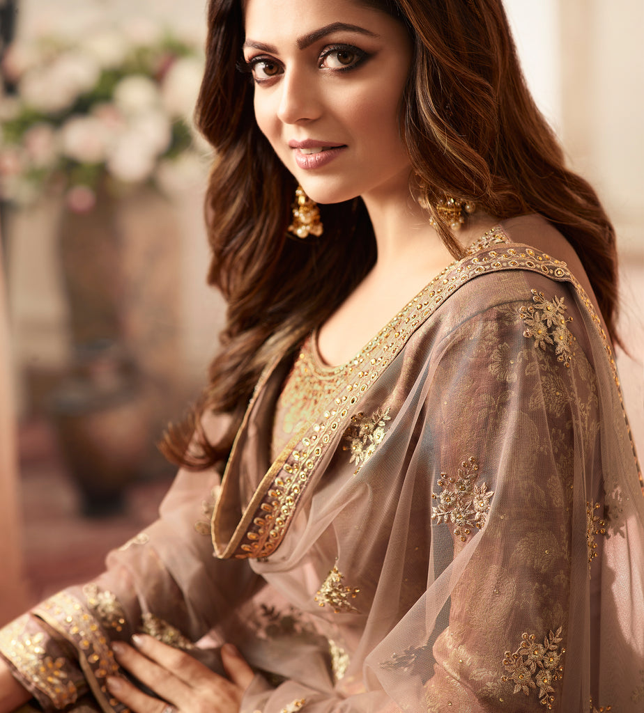 Camel Brown Designer Embroidered Jacquard Sharara Suit-Saira's Boutique