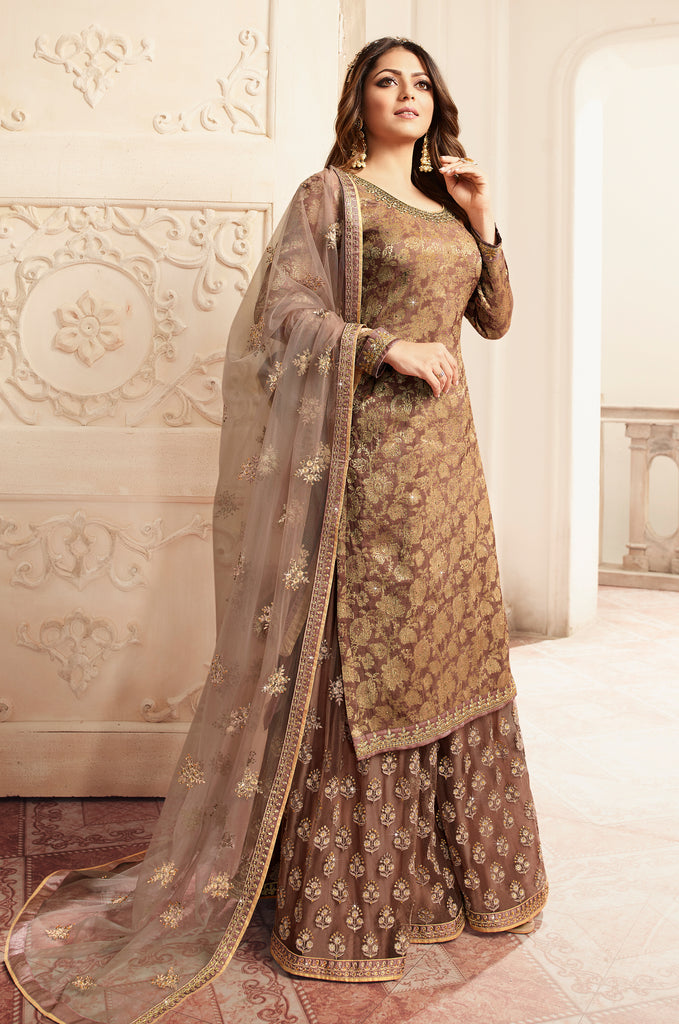 Camel Brown Designer Embroidered Jacquard Sharara Suit-Saira's Boutique
