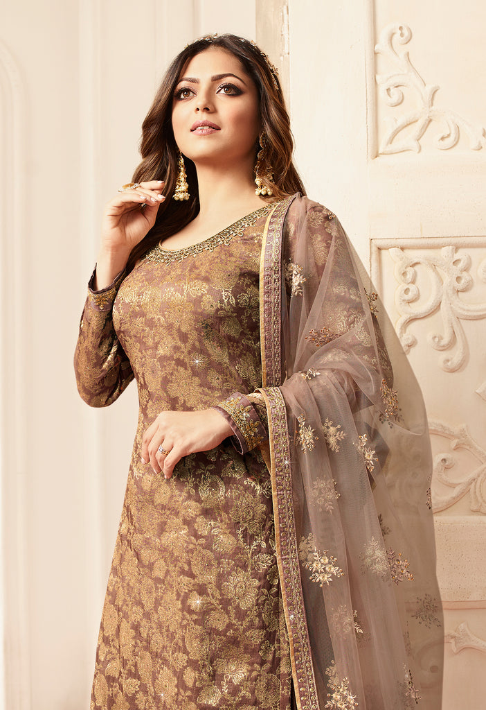Camel Brown Designer Embroidered Jacquard Sharara Suit-Saira's Boutique