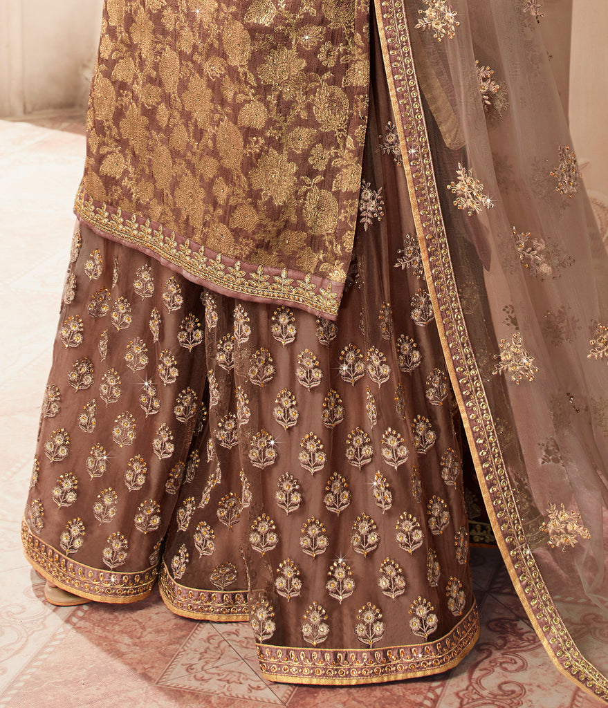 Camel Brown Designer Embroidered Jacquard Sharara Suit-Saira's Boutique