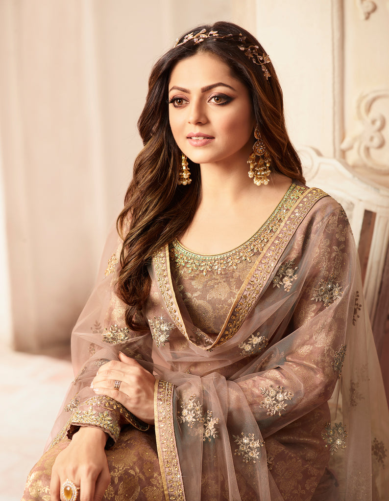 Camel Brown Designer Embroidered Jacquard Sharara Suit-Saira's Boutique