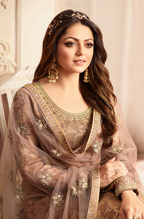 Camel Brown Designer Embroidered Jacquard Sharara Suit-Saira's Boutique