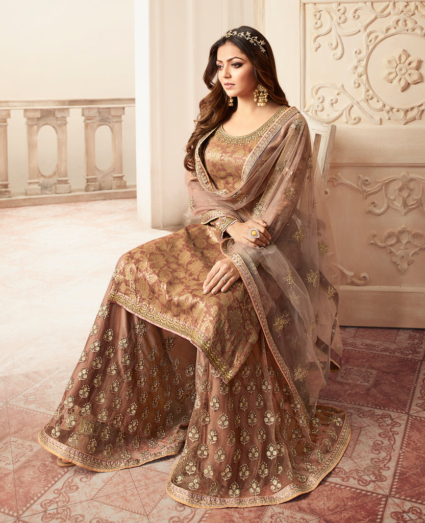 Camel Brown Designer Embroidered Jacquard Sharara Suit-Saira's Boutique