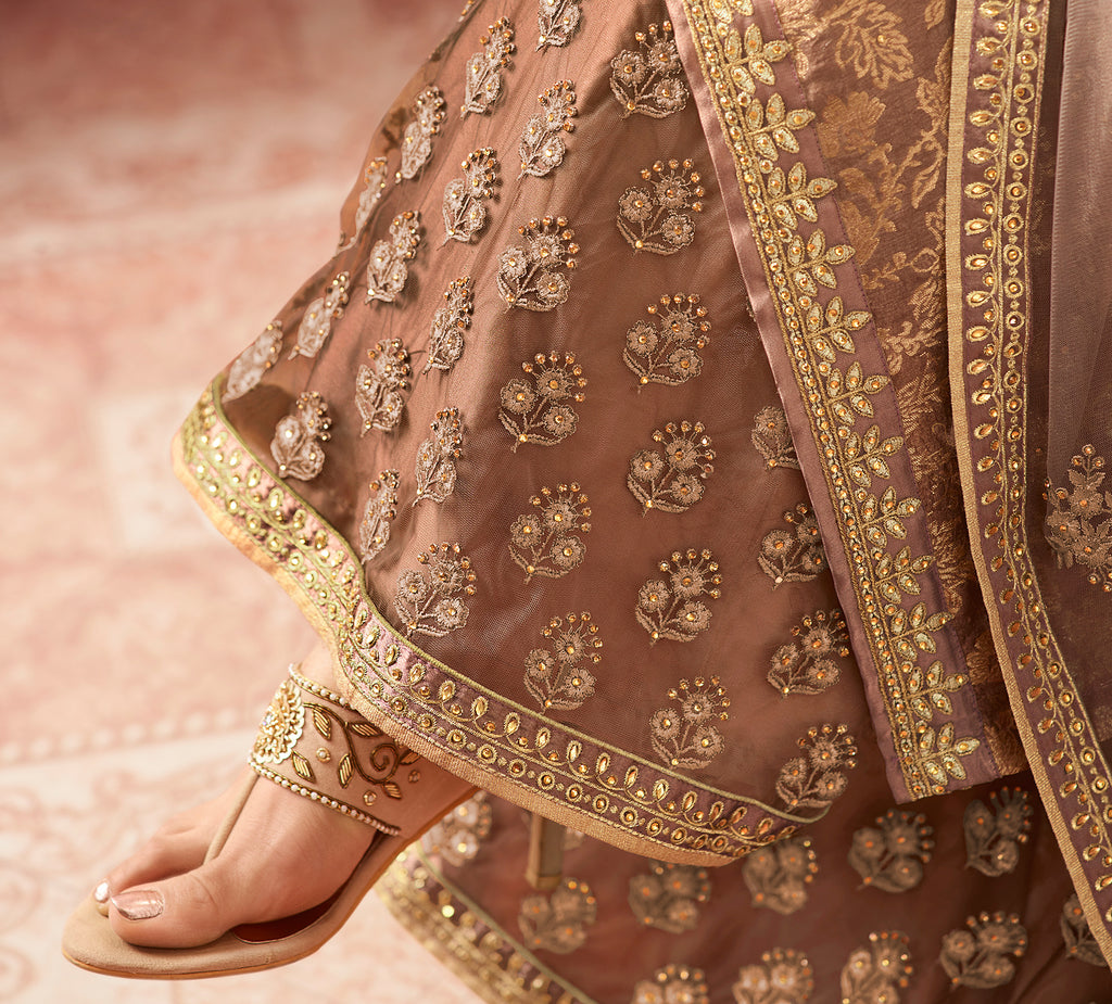 Camel Brown Designer Embroidered Jacquard Sharara Suit-Saira's Boutique
