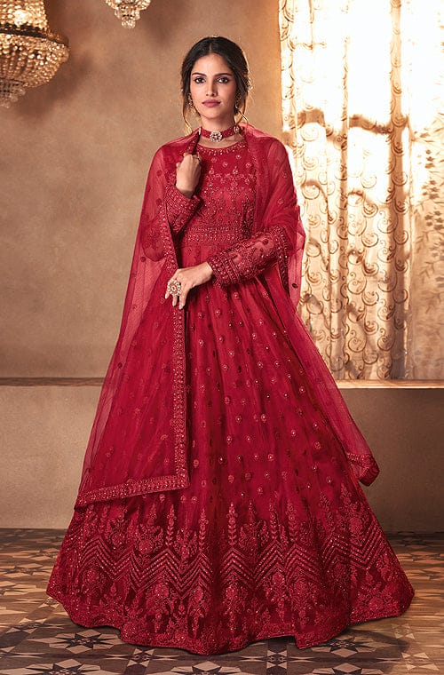 Buy Rose Red Anarkali Suit In Georgette With Zari And Multi-Colored Resham  Embroidery