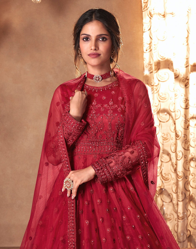 Shop Online Latest Designer Maroon Color Georgette Partywear Floor Length Anarkali  Suit With Embroidery & Zari Work – Lady India
